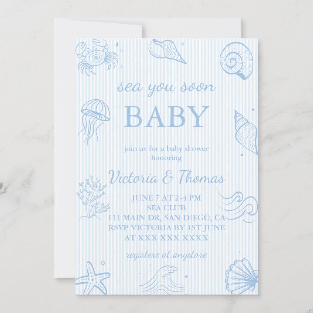 Invitation Bientôt à la mer Bébé Bleu Baby Shower (Devant)