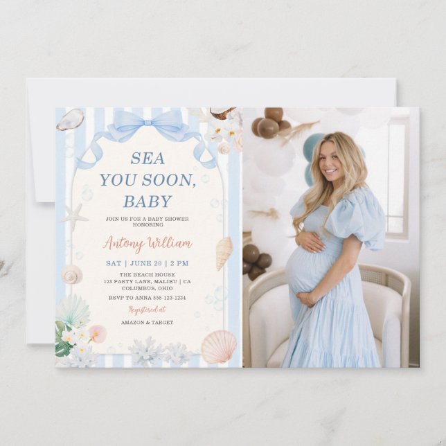 Invitation Bientôt à la mer, bébé Shower photo de bébé coquil (Devant)