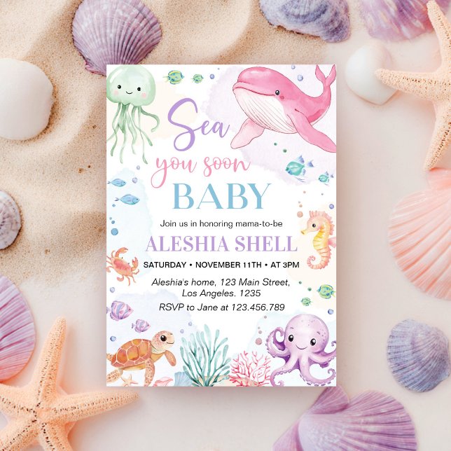 Invitation Bientôt à la mer, mignons animaux de l'océan Baby  (Créateur téléchargé)