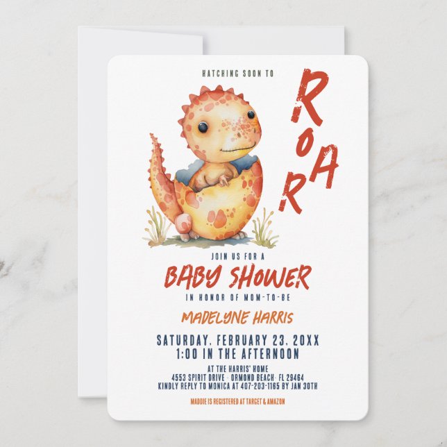 Invitation Bientôt à l'éclosion pour rugir Bébé Œuf de Dinosa (Devant)