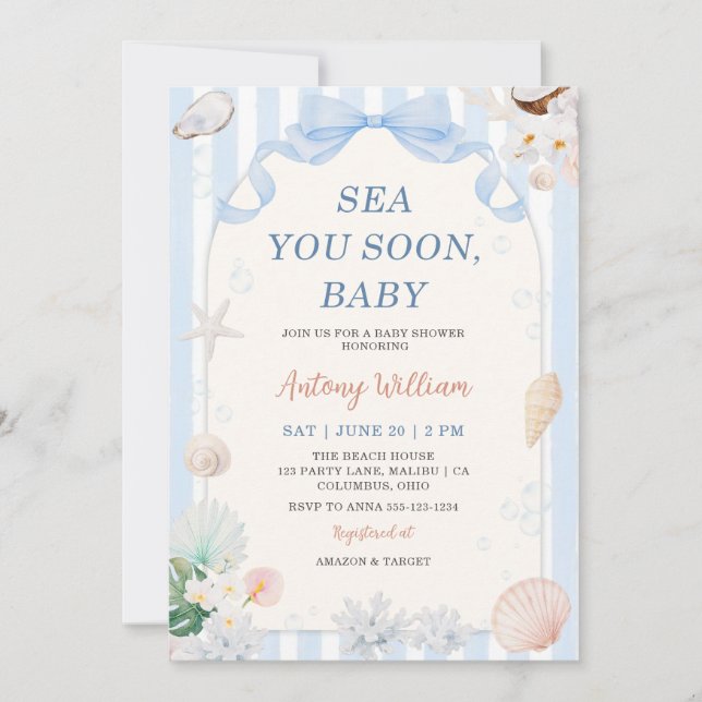 Invitation Bientôt à Vous, Bébé Shower de Coquillages pour Bé (Devant)