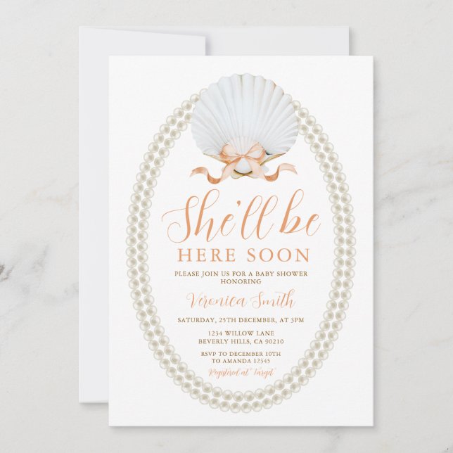 Invitation Bientôt ici Peach Shower de bébé coquillage (Devant)