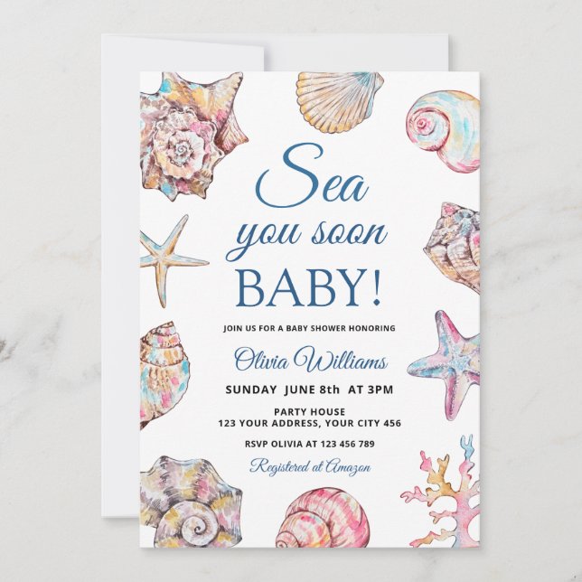 Invitation Bientôt sous les mers Baby Shower Coquillage (Devant)