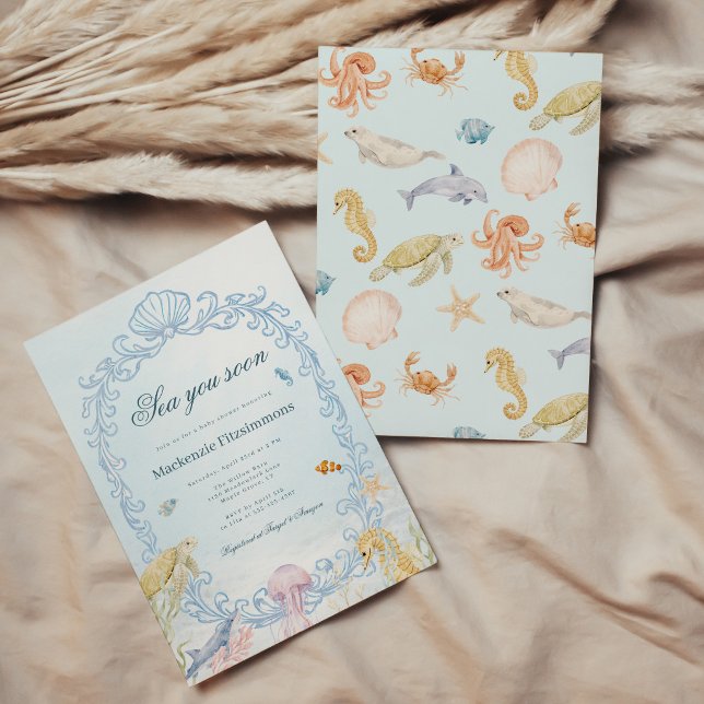 Invitation Bientôt sous les mers Baby Shower Rococo (Oval Sea You Soon Rococo Baby Shower Invitation)