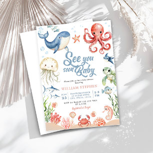 Invitation Bientôt sous l'Océan Bleu Fête de Bébé Animaux Mar
