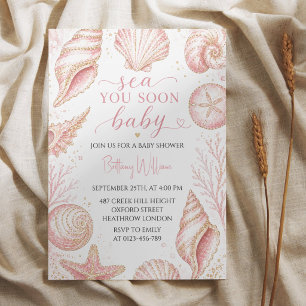 Invitation Bientôt sur les coquillages roses Baby Shower