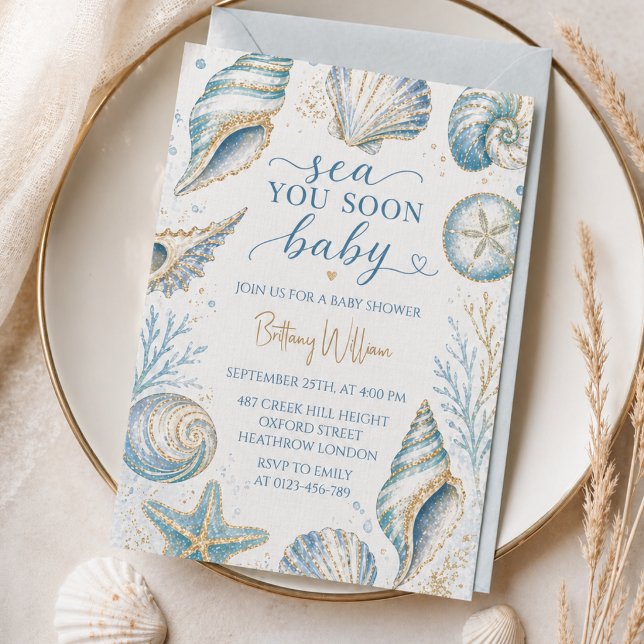 Invitation Bientôt sur les mers Coquillages bleus Baby Shower (Créateur téléchargé)