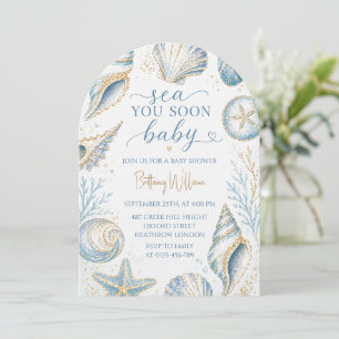 Invitation Bientôt sur les mers Coquillages bleus Baby Shower