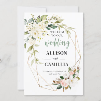 Invitation Bienvenue à notre Mariage Floral rose signe géomét