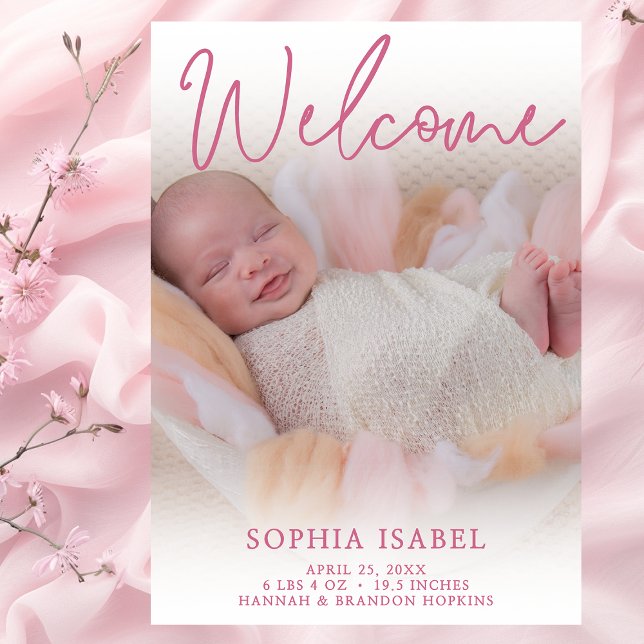 Invitation Bienvenue Annonce de naissance photo rose (Créateur téléchargé)