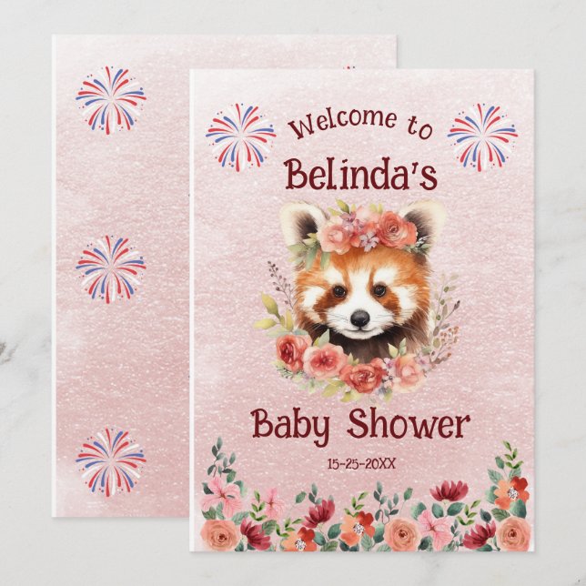 Invitation Bienvenue au Baby shower de l'ours Panda Rouge (Devant / Derrière)