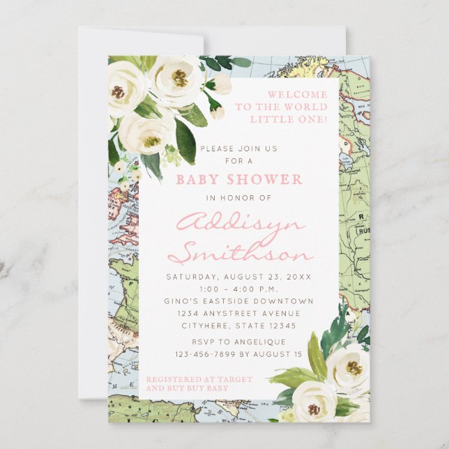 Invitation Bienvenue Au Monde Floral Map Baby shower Rose (Devant)