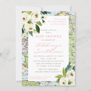 Invitation Bienvenue Au Monde Floral Map Baby shower Rose