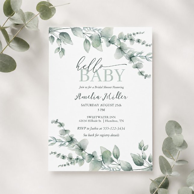 Invitation Bienvenue Bébé Eucalyptus Verdure Fête de Naissanc (Hello Baby Eucalyptus Greenery Neutral Baby Shower Invitation)