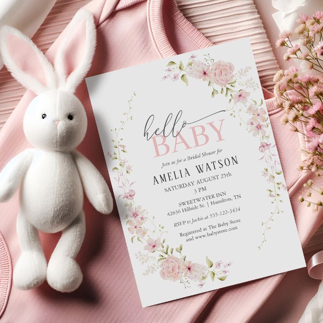 Invitation Bienvenue Bébé Fête Rose Florale (Hello Baby Blush Pink Floral Baby Shower Invitation)