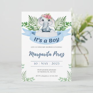Invitation Bienvenue bébé garçon éléphant illustra