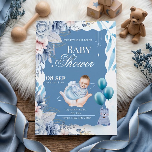 Invitation Bienvenue Élégant Fleur Bleu pour Bébé Garçon (Créateur téléchargé)