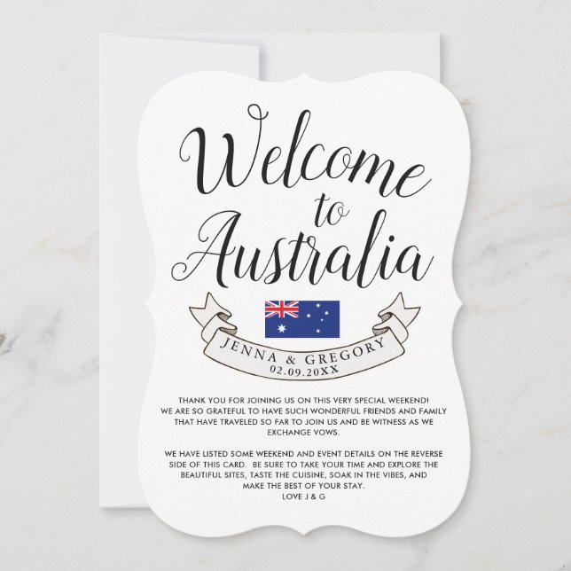Invitation Bienvenue en Australie | Coutume de mariage de des (Devant)