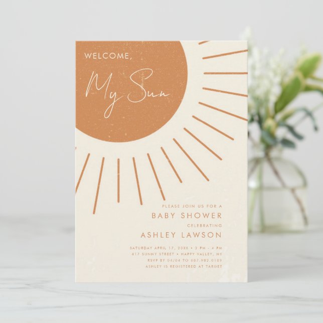 Invitation Bienvenue My Sun Modern Boho Baby shower Invitatio (Debout devant)
