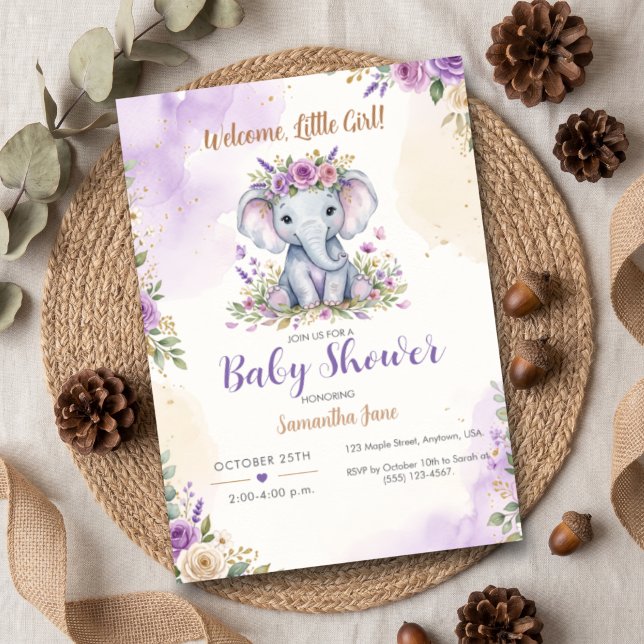 Invitation Bienvenue petite fille éléphant floral pourpre (Créateur téléchargé)