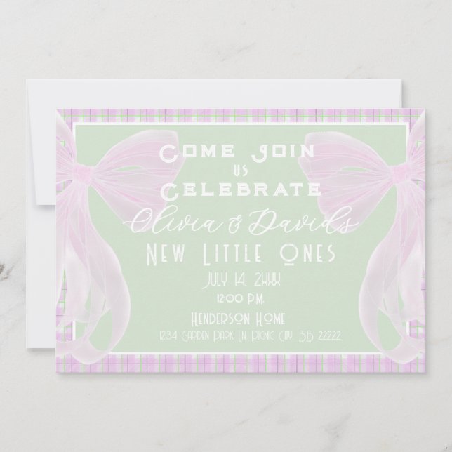 Invitation Bienvenue Petits anges-Filles jumelles Arc rose pl (Devant)