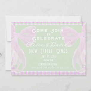 Invitation Bienvenue Petits anges - jumelles Ruban rose menth