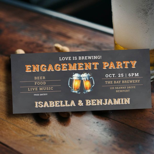 Invitation Bière à thème Brasserie Black Billet d'engagement (beer themed engagement party invitation brewery ticket black chalk board)