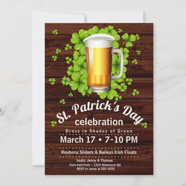 Invitation Bière et Shamrocks de la Saint Patrick sur bois (Devant)