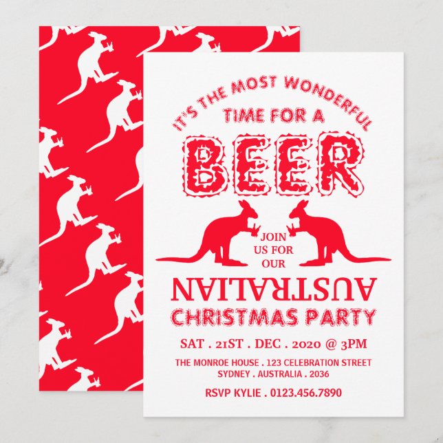 Invitation Bière Kangourou, fête de Noël australienne (Devant / Derrière)