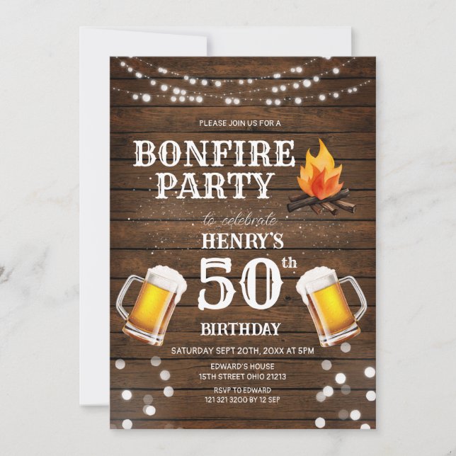 Invitation Bière Rustique Bois Bonfire 50e anniversaire (Devant)