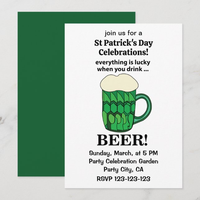 Invitation Bière verte Lucky Jour de la Saint Patrick (Devant / Derrière)