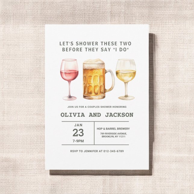 Invitation Bière Vin Brasserie Aquarelle Couples Douche (Créateur téléchargé)