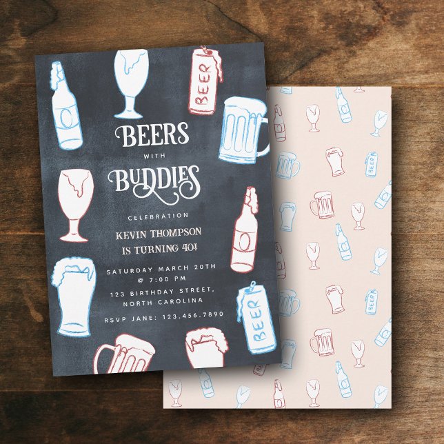 Invitation Bières Dessin à la Main Rustique Anniversaire de B (Beers Rustic Hand Drawn Funny Beer Birthday Invitation)