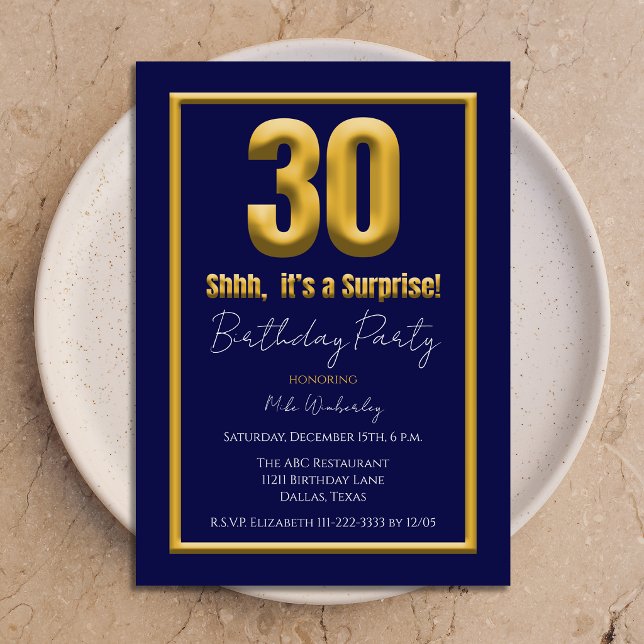 Invitation Big 30 Surprise Birthday Party Navy Blue (Créateur téléchargé)