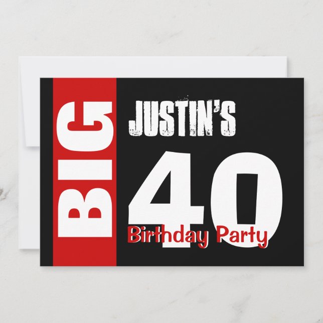 Invitation Big 40 Birthday Modern Red White Black B394 (Devant)