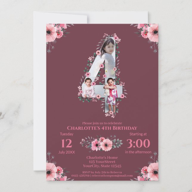 Invitation Big 4th Birthday Girl Photo Collage Fleur rose (Devant)