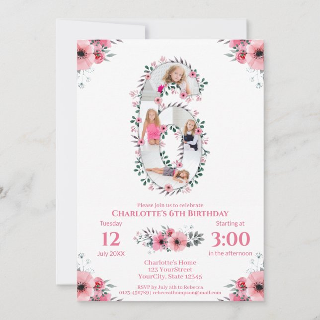 Invitation Big 6th Birthday Girl Photo Collage Fleur rose (Devant)