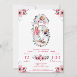 Invitation Big 6th Birthday Girl Photo Collage Fleur rose