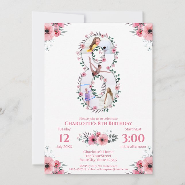 Invitation Big 8th Birthday Girl Photo Collage Fleur rose (Devant)