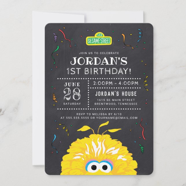 Invitation Big Bird Chalkboard Confetti Anniversaire (Devant)