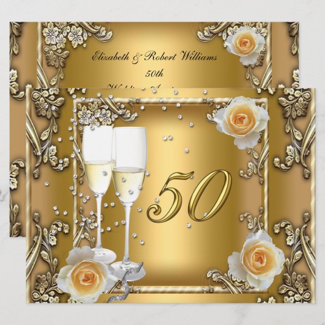 Invitation Big Elegant Gold 50e Mariage Anniversaire Party (Devant / Derrière)