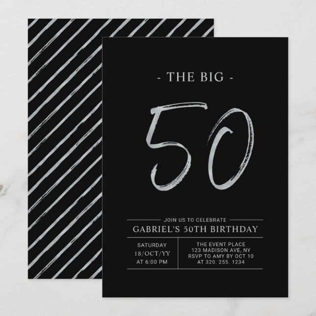 Invitation Big Fifty | Fête d'anniversaire 50 ans Argent & No (Devant / Derrière)