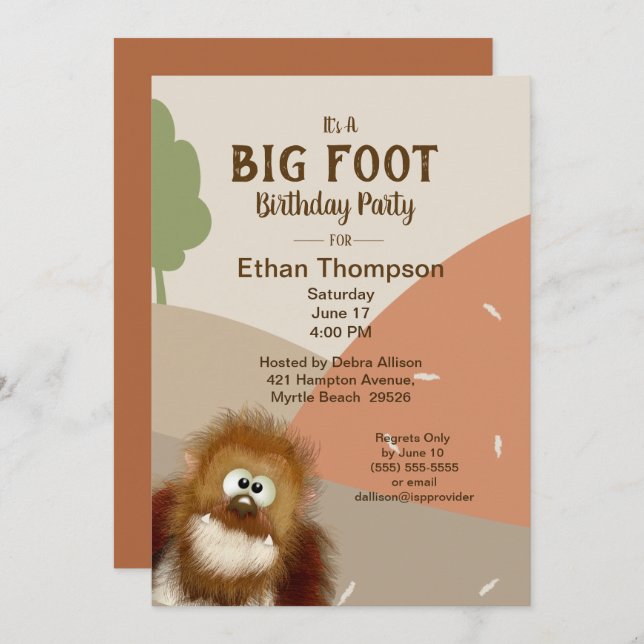 Invitation Big Foot / Sasquatatard fête d'anniversaire (Devant / Derrière)