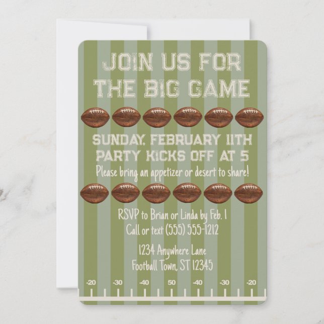 Invitation Big Game Bowl Game Green Football Field Party (Devant)