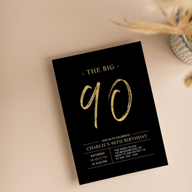 Invitation Big Ninety | Fête d'anniversaire 90 ans Or & Noir (Créateur téléchargé)