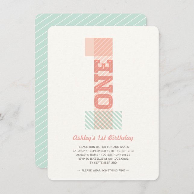 Invitation Big Number 1 Stripes Bébé Fille 1er Anniversaire (Devant / Derrière)
