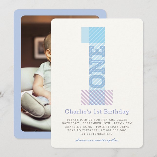 Invitation Big Number 1 Stripes Bébé Garçon 1er fête d'annive (Devant / Derrière)