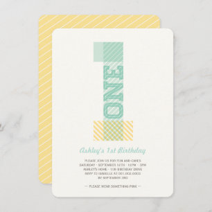 Invitation Big Number 1 Stripes Bébé Neutre 1er Anniversaire