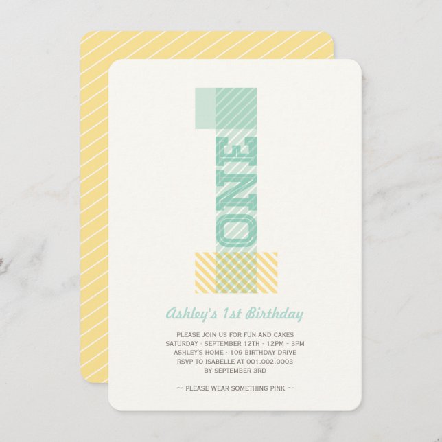 Invitation Big Number 1 Stripes Bébé Neutre 1er Anniversaire (Devant / Derrière)