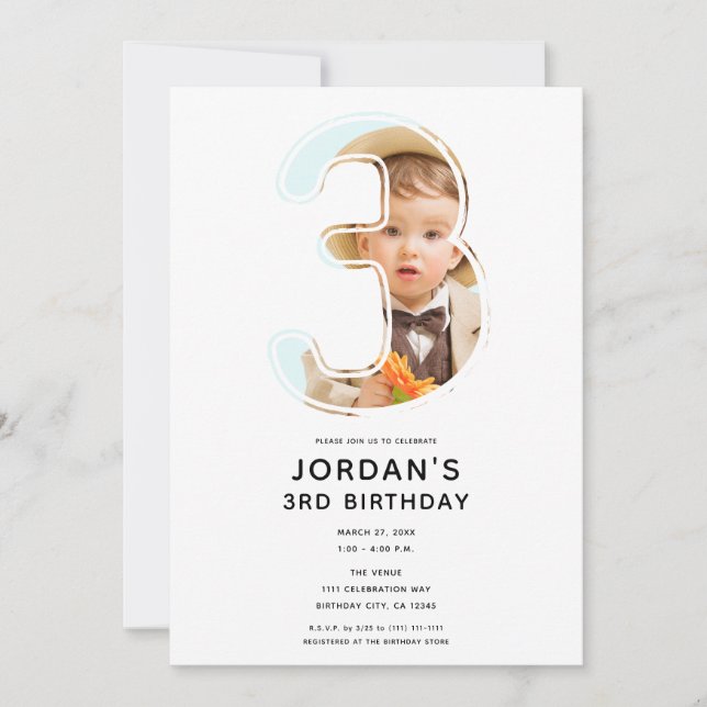 Invitation Big Number 3 TROIS Photo Troisième 3e fête d'anniv (Devant)